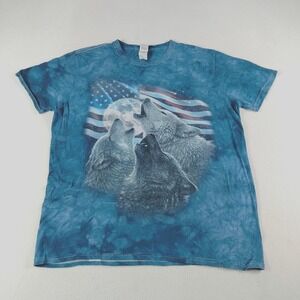 Gildan T Shirt Mens Size L‎ Blue Howling Wolves USA Flag Tie Dye Short Sleeve